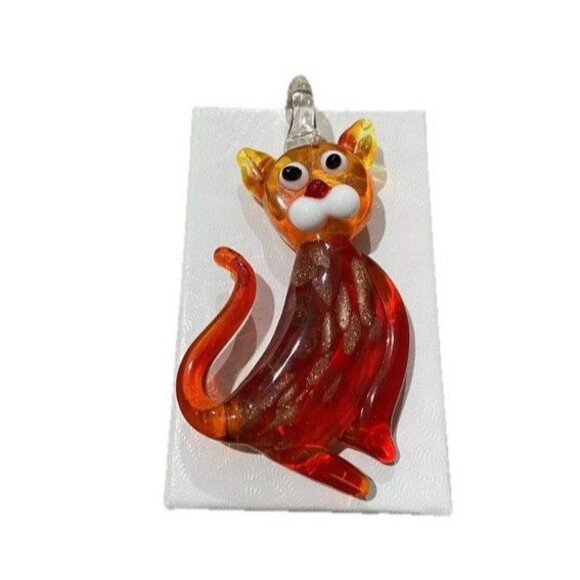 Vintage Blown Art Glass Amberina Red Aventurine Cat Pendant for Necklace 2.5” - Picture 1 of 6